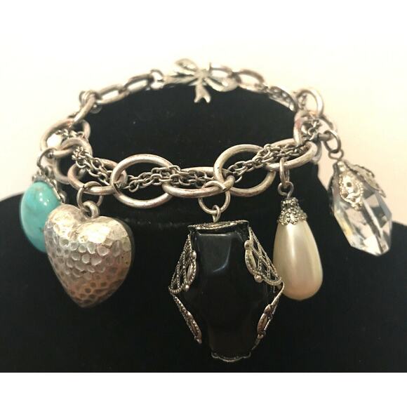 Estate7 Large Charms 8" Silver-Tone Link Charm Bracelet Lobster Claw Closure - Picture 2 of 11
